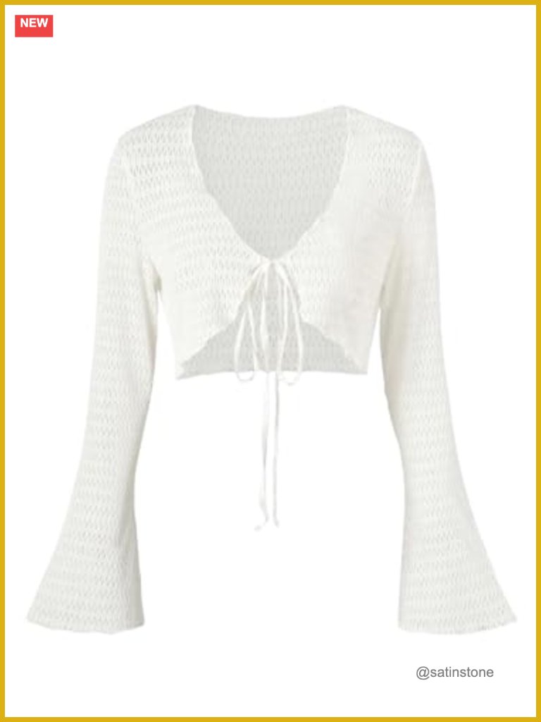 Bell Sleeve Shrug Sweater Tie Front Lightweight Cropped Bolero Cardigan